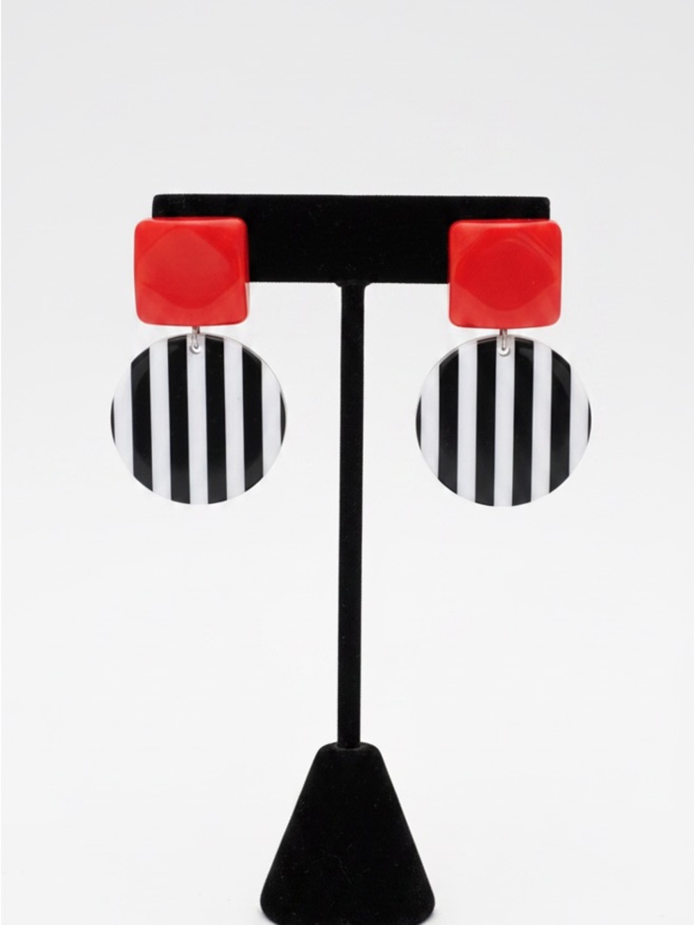 Red Black White Geometric Drop Earrings Retro Mod Statement - Picture 5 of 5
